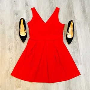 Womens Stretchy Red Aline Party Dress Size Large V Cut Mini Skirt Bow Accent